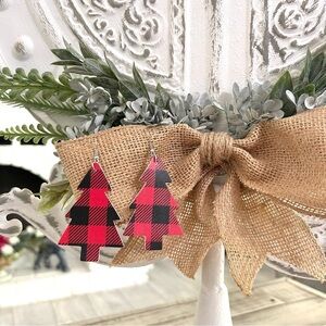 Christmas Faux Leather Dangle Earrings Red Buffalo Plaid Tree